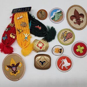 Boy Scouts Patches & Pins Lot With Webelos Scarf & Belt Buckles
